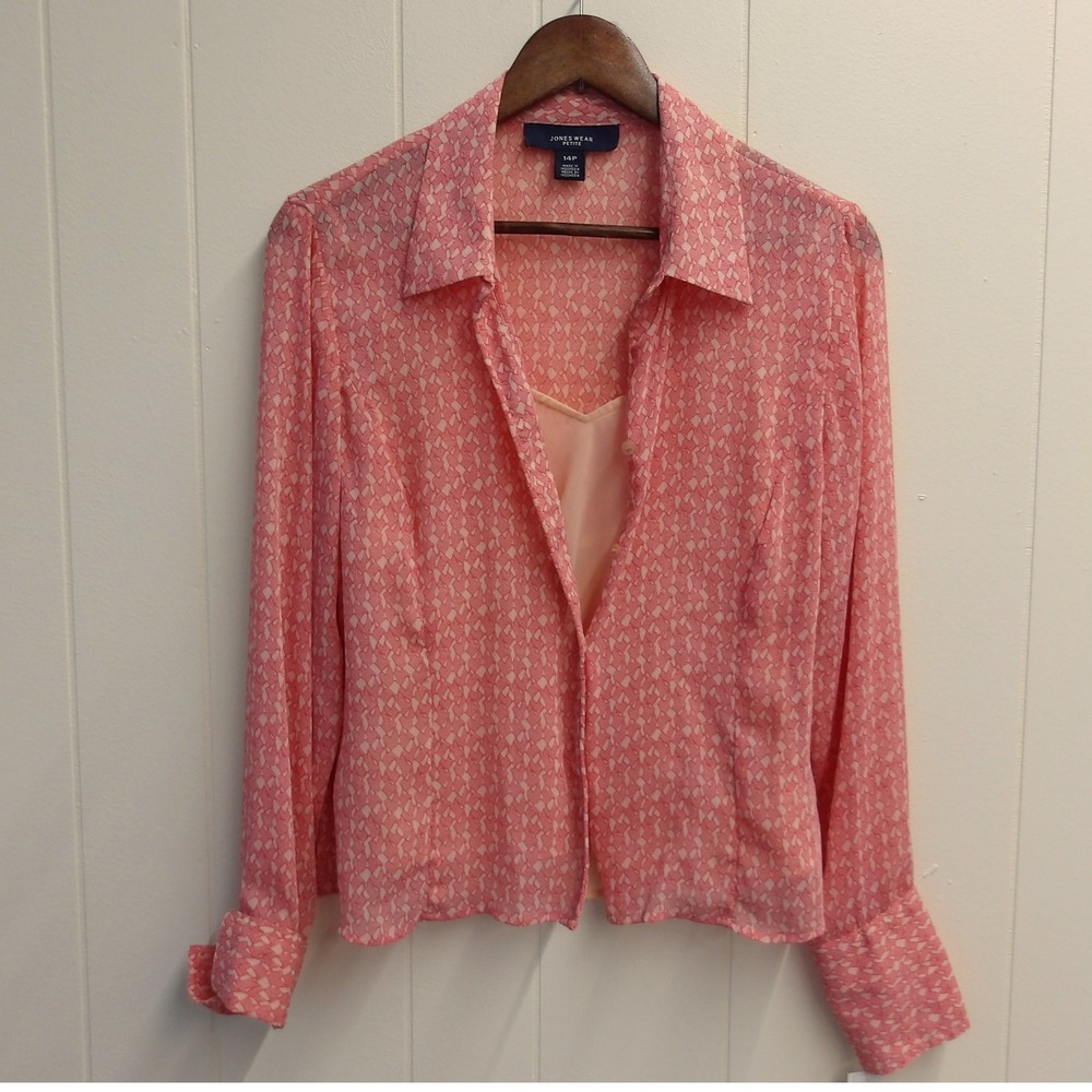 Jones Wear 2Pc Petite Blouse Coral Geometric Print Button Down Career 14P/#6331